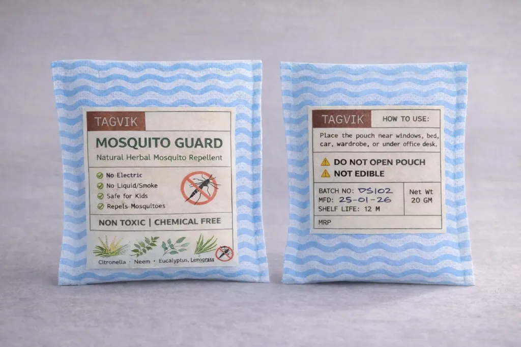 Tagvik Mosquito Guard 20g | Natural Herbal Mosquito Repellent Pouch | Non Electric | Chemical Free | Citronella Oil Based | Room, Car, Wardrobe, Bedside Mosquito Protection